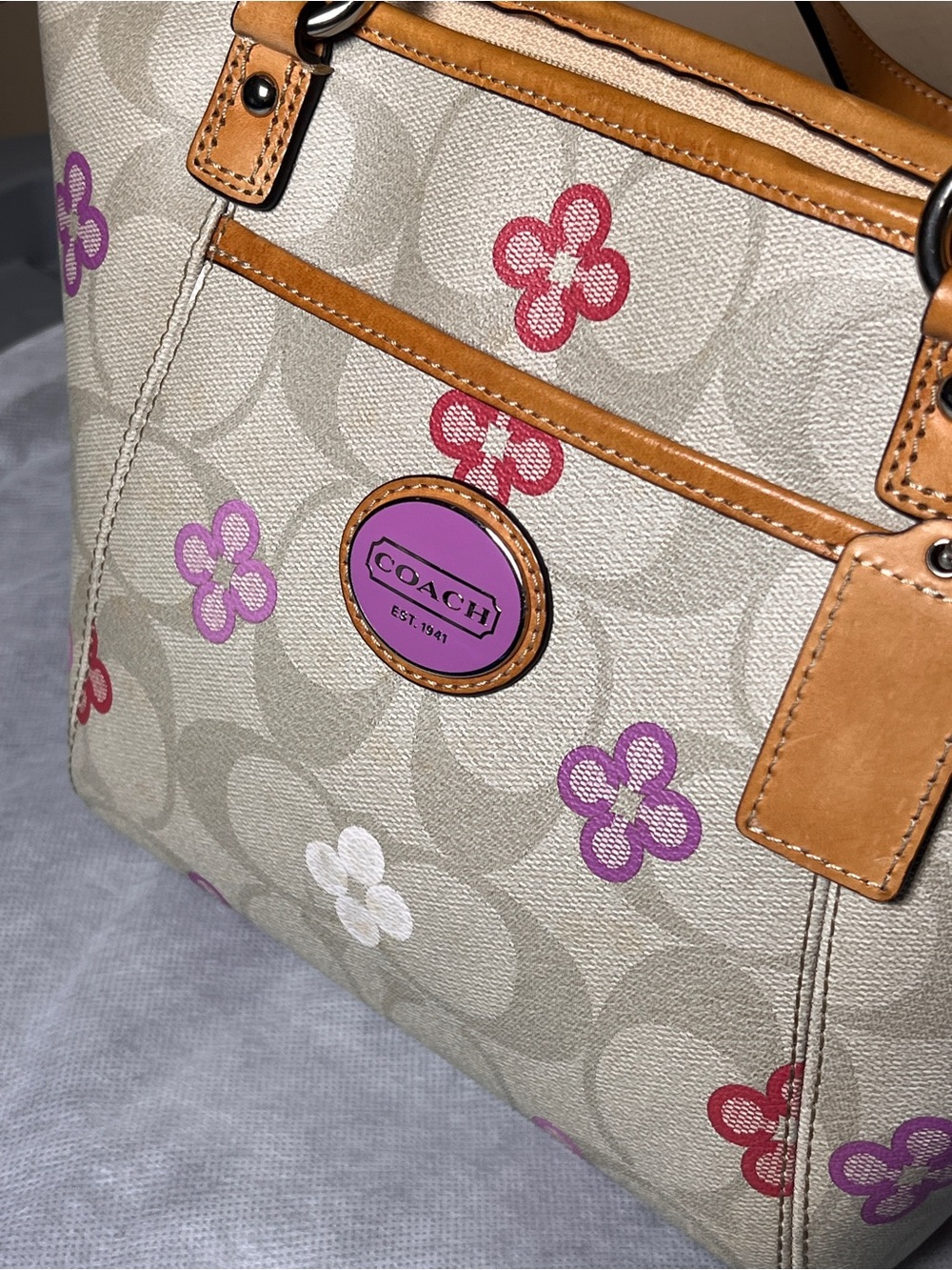 Coach Peyton Signature Canvas Tote in Purple and Pink Floral Print and Tan Trim - Picture 2 of 16